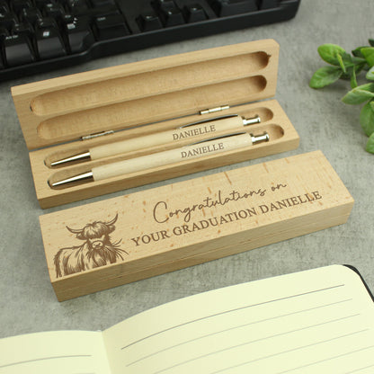 Personalised Highland Cow Wooden Pen & Pencil Set