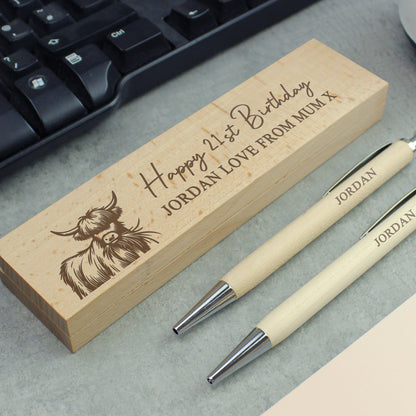 Personalised Highland Cow Wooden Pen & Pencil Set