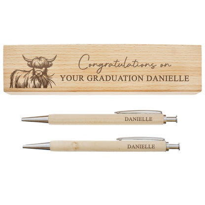 Personalised Highland Cow Wooden Pen & Pencil Set