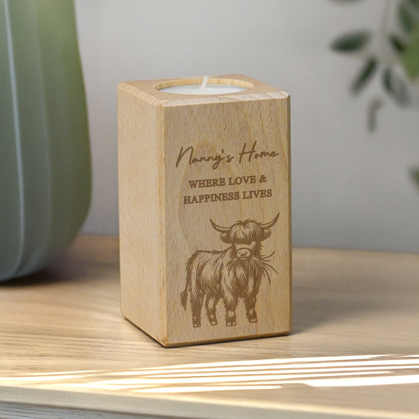 Personalised Highland Cow Wooden Tealight Holder