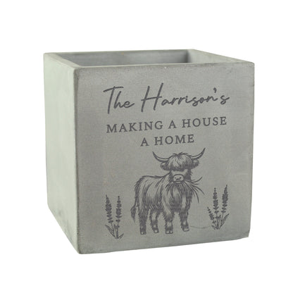 Personalised Highland Cow Concrete Plant Pot