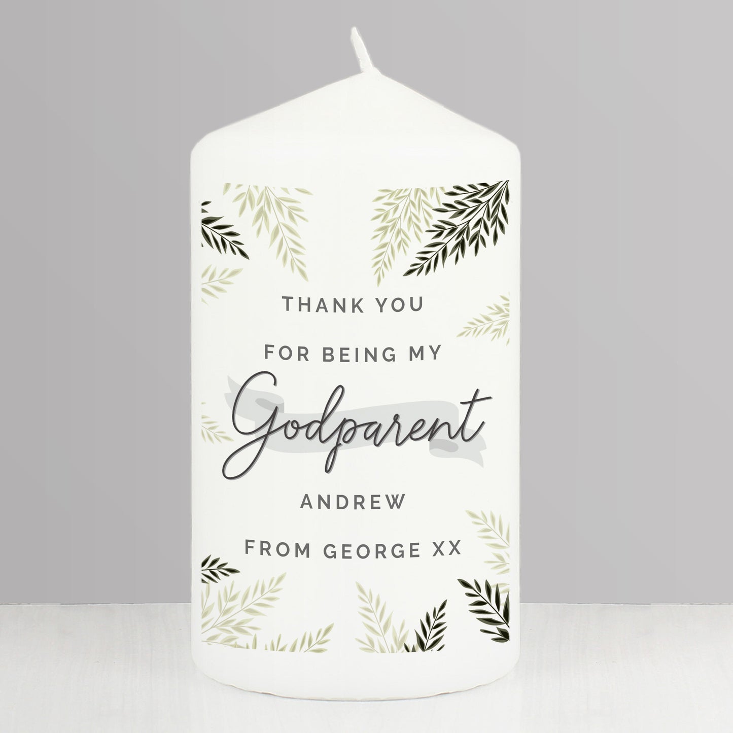 Personalised Godparent Leaves Pillar Candle