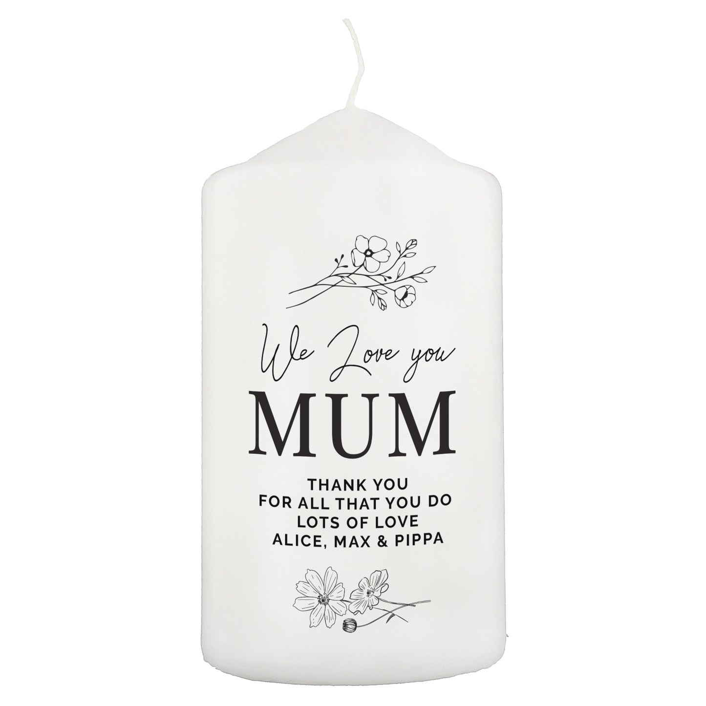 Personalised Fineline Floral Pillar Candle