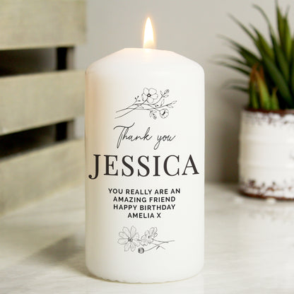 Personalised Fineline Floral Pillar Candle