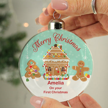 Personalised Gingerbread House Christmas Glass Bauble