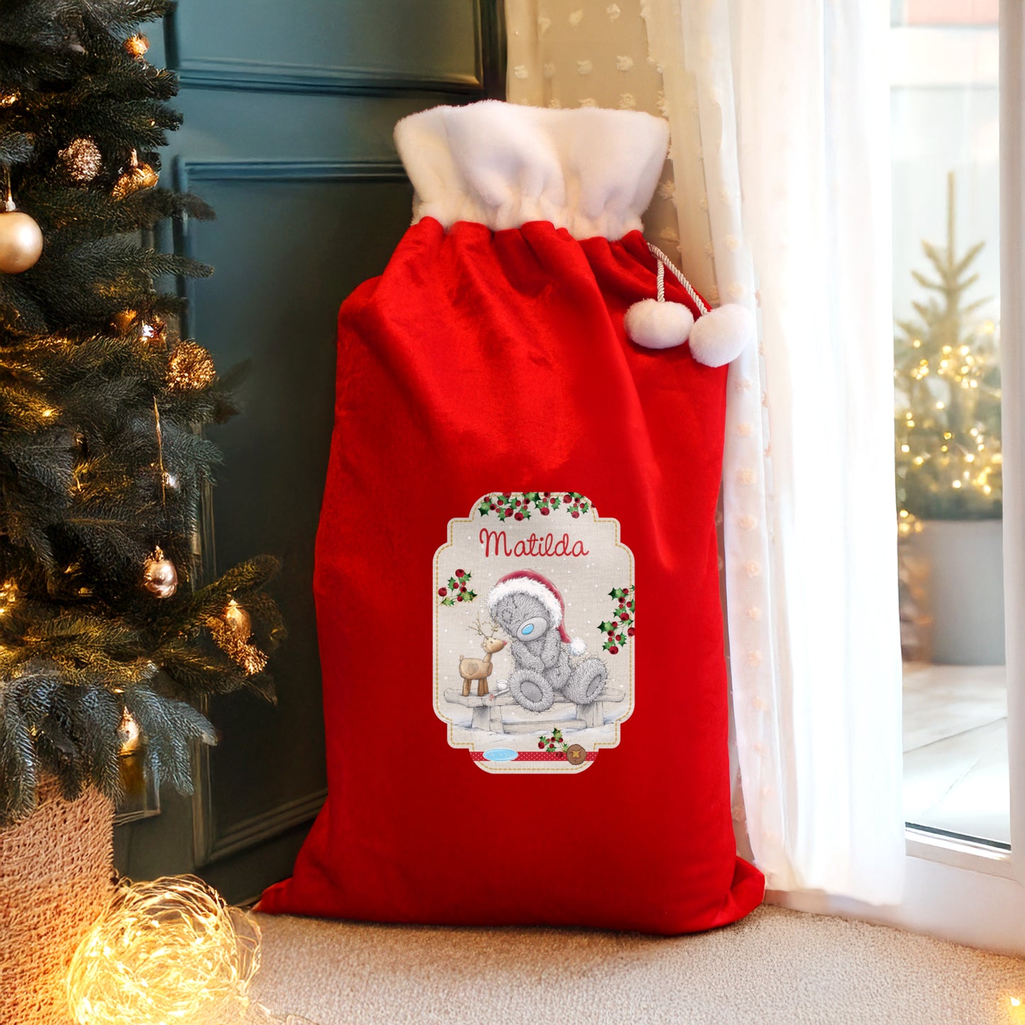 Personalised Me to You Reindeer Luxury Pom Pom Red Sack