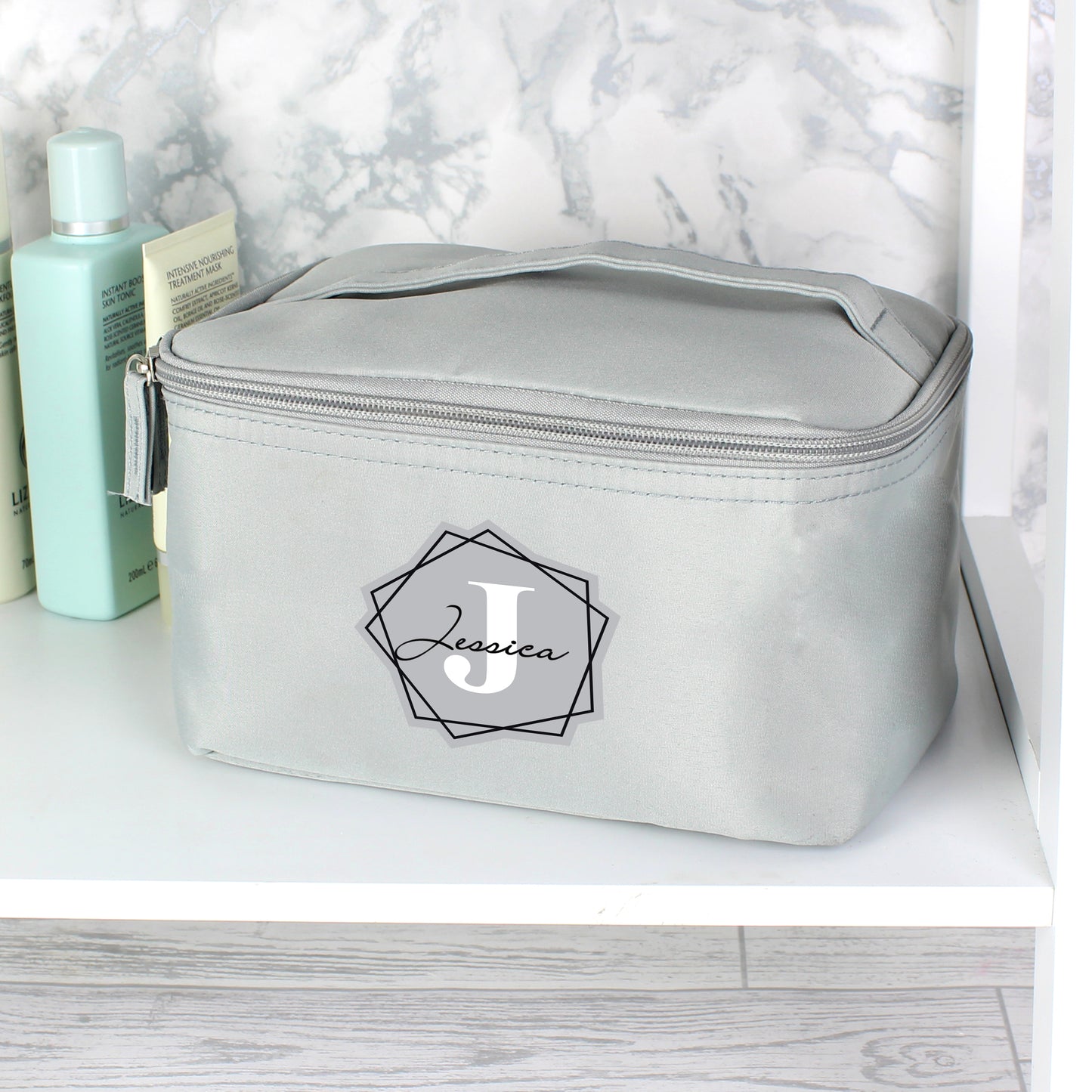 Personalised Geometric Initial Grey Toiletry Bag