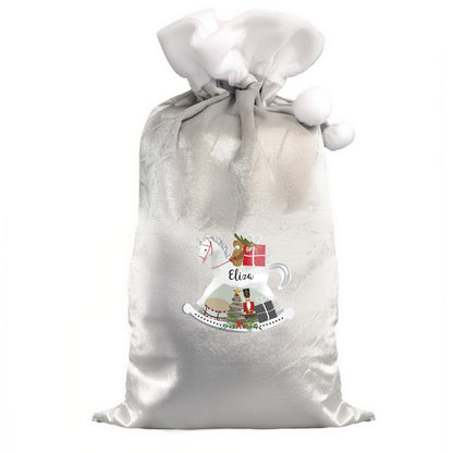Personalised Rocking Horse Luxury Silver Grey Pom Pom Sack