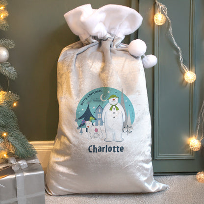 Personalised The Snowman and the Snowdog Luxury Silver Grey Pom Pom Sack