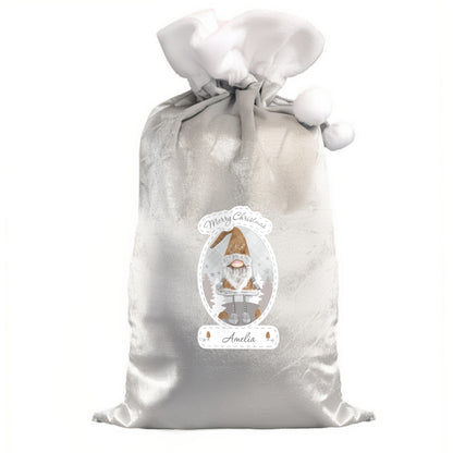 Personalised Christmas Gonk Luxury Silver Grey Pom Pom Sack