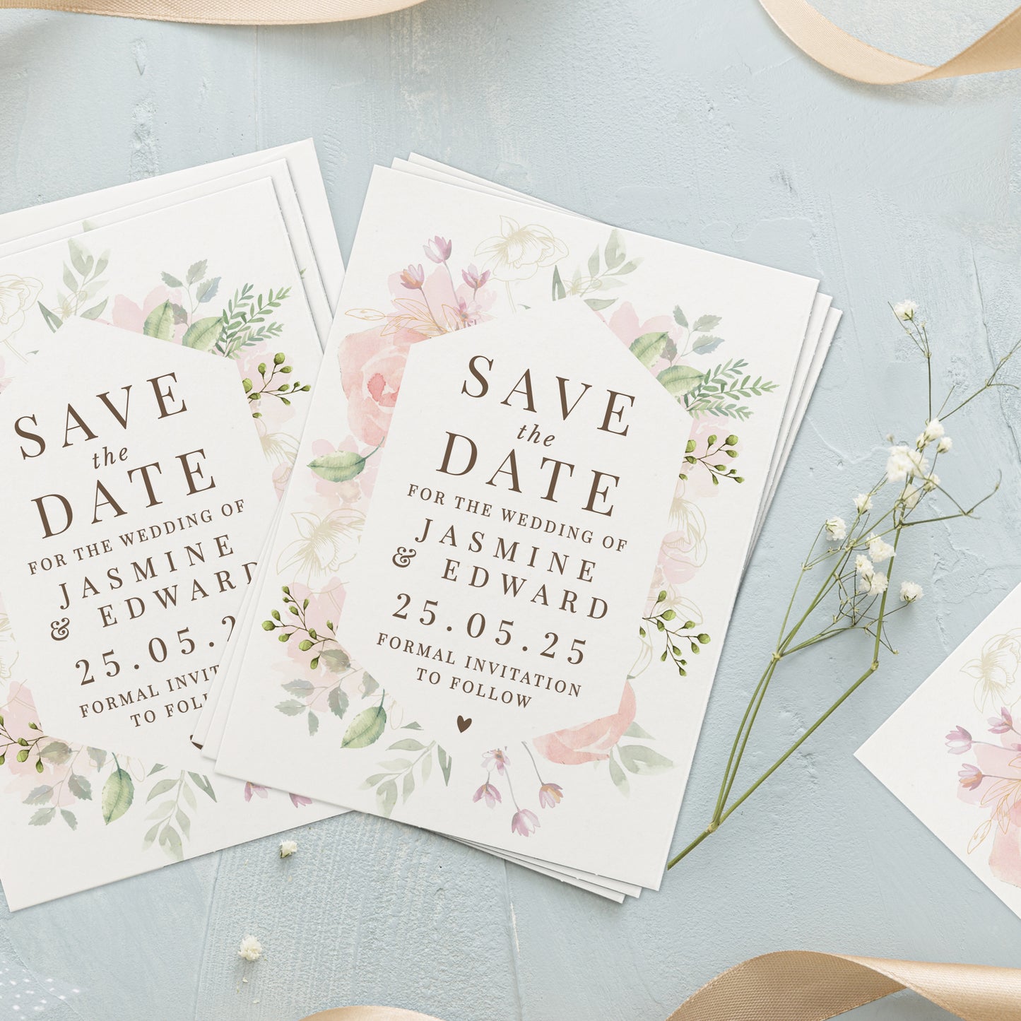 Personalised Soft Floral Set of 36 Wedding Save the Dates