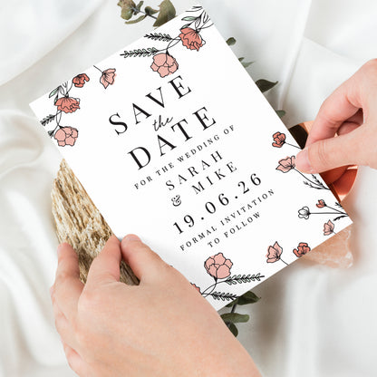 Personalised Pink Floral Set of 36 Wedding Save the Dates
