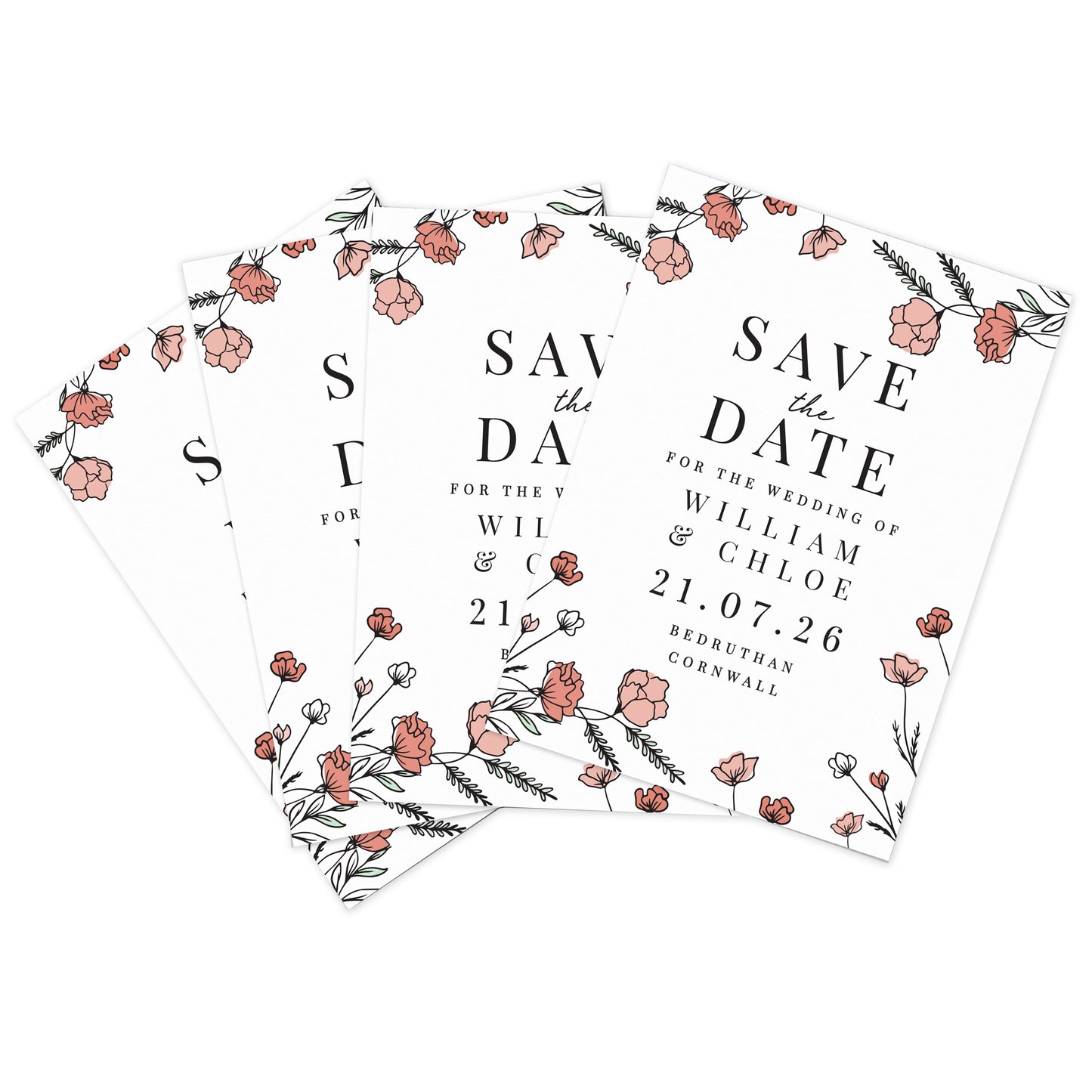 Personalised Pink Floral Set of 36 Wedding Save the Dates