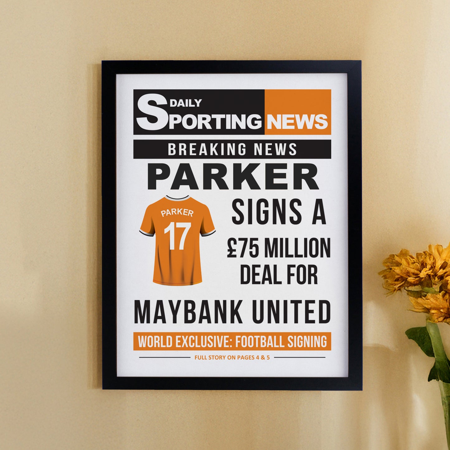 Personalised Football News Black Poster Frame