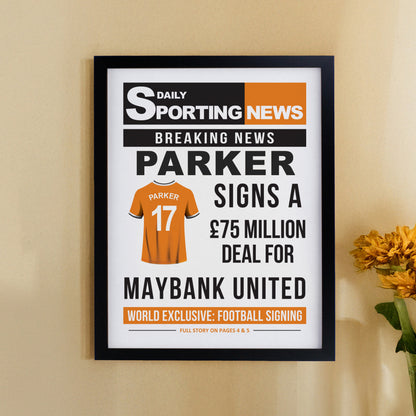 Personalised Football News Black Poster Frame