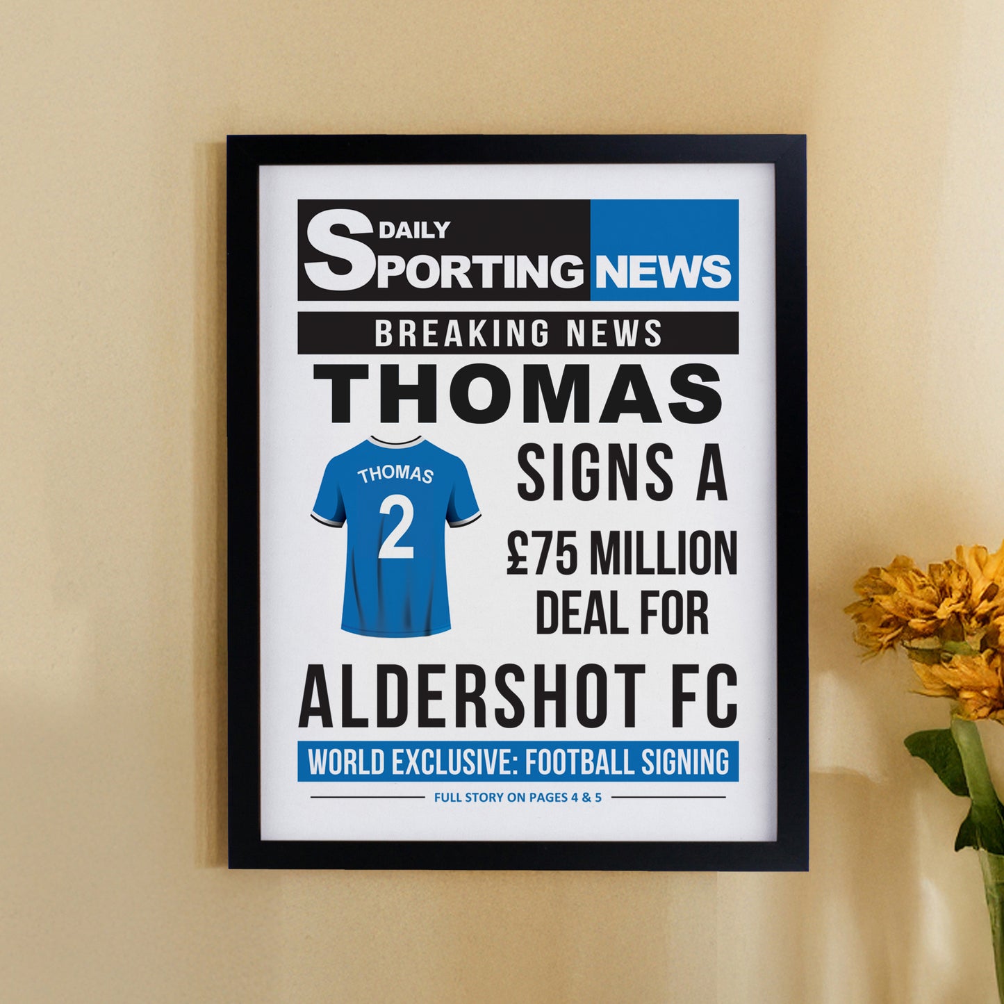 Personalised Football News Black Poster Frame