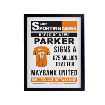 Personalised Football News Black Poster Frame