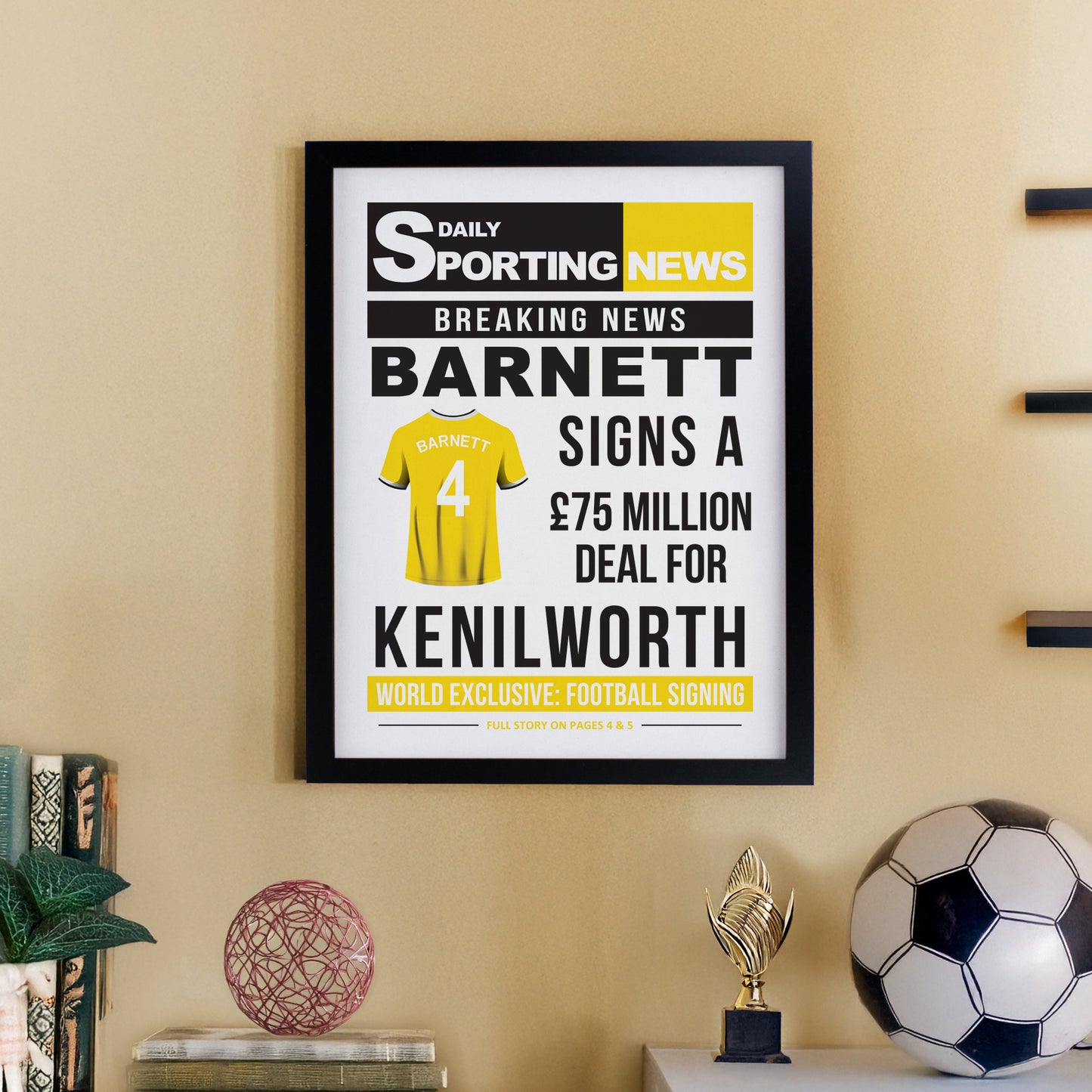 Personalised Football News Black Poster Frame