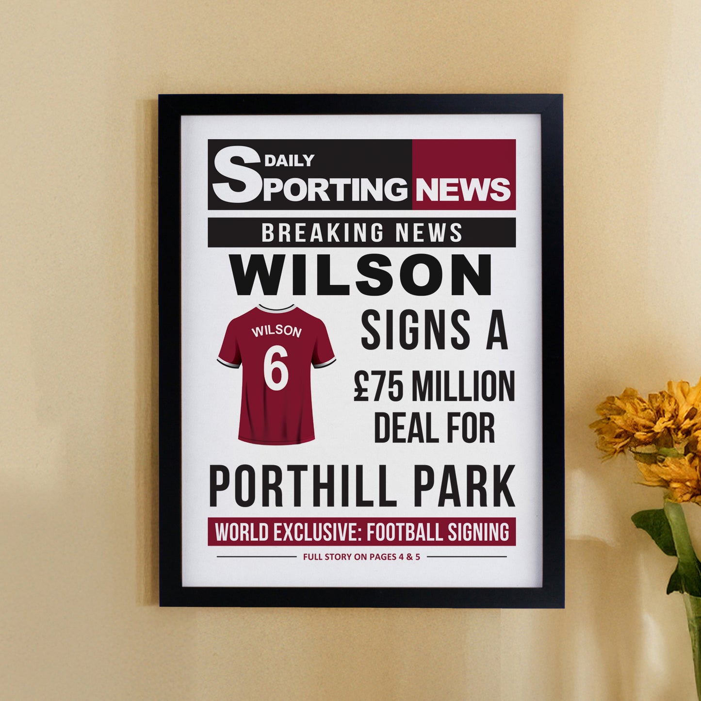 Personalised Football News Black Poster Frame