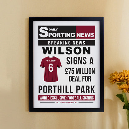 Personalised Football News Black Poster Frame