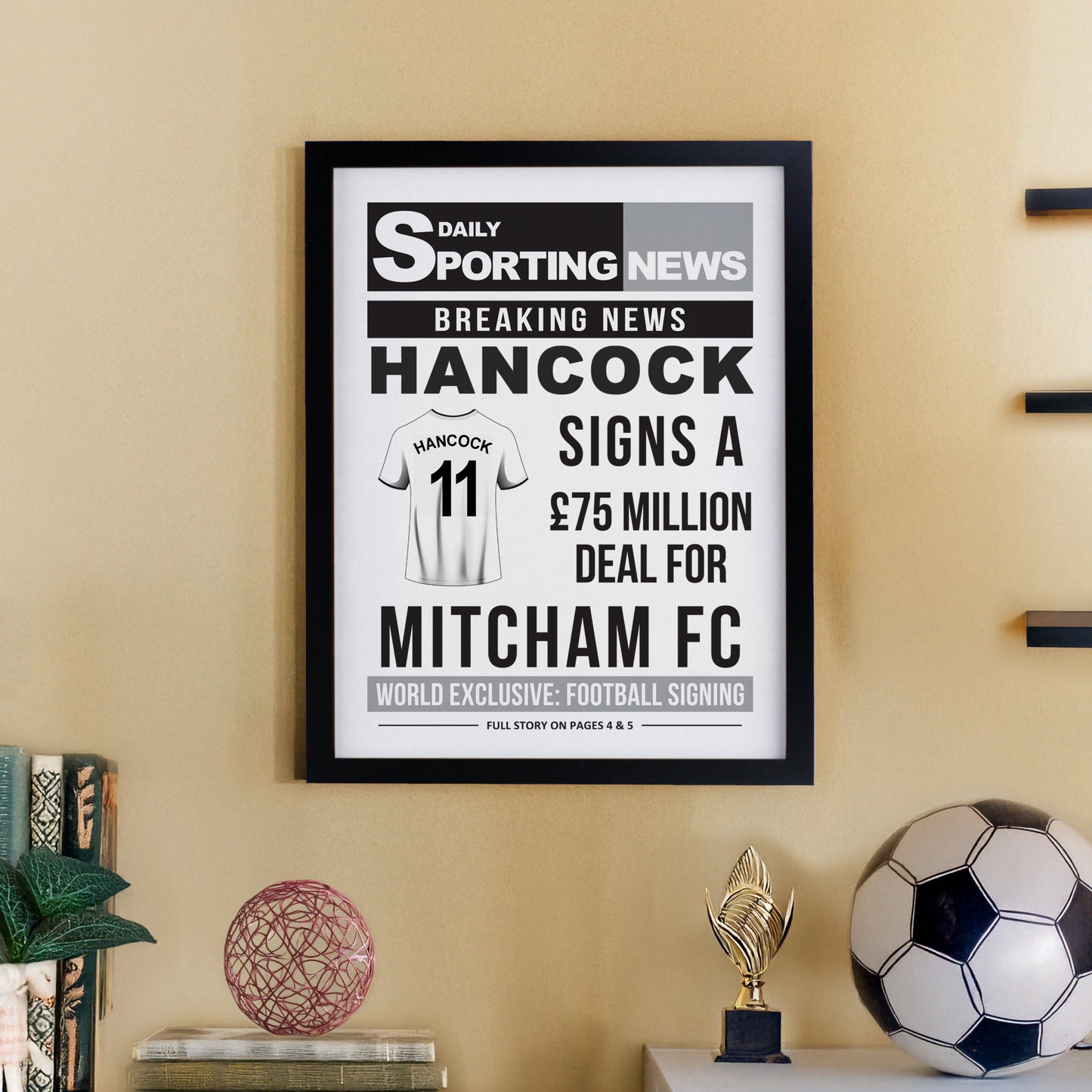Personalised Football News Black Poster Frame