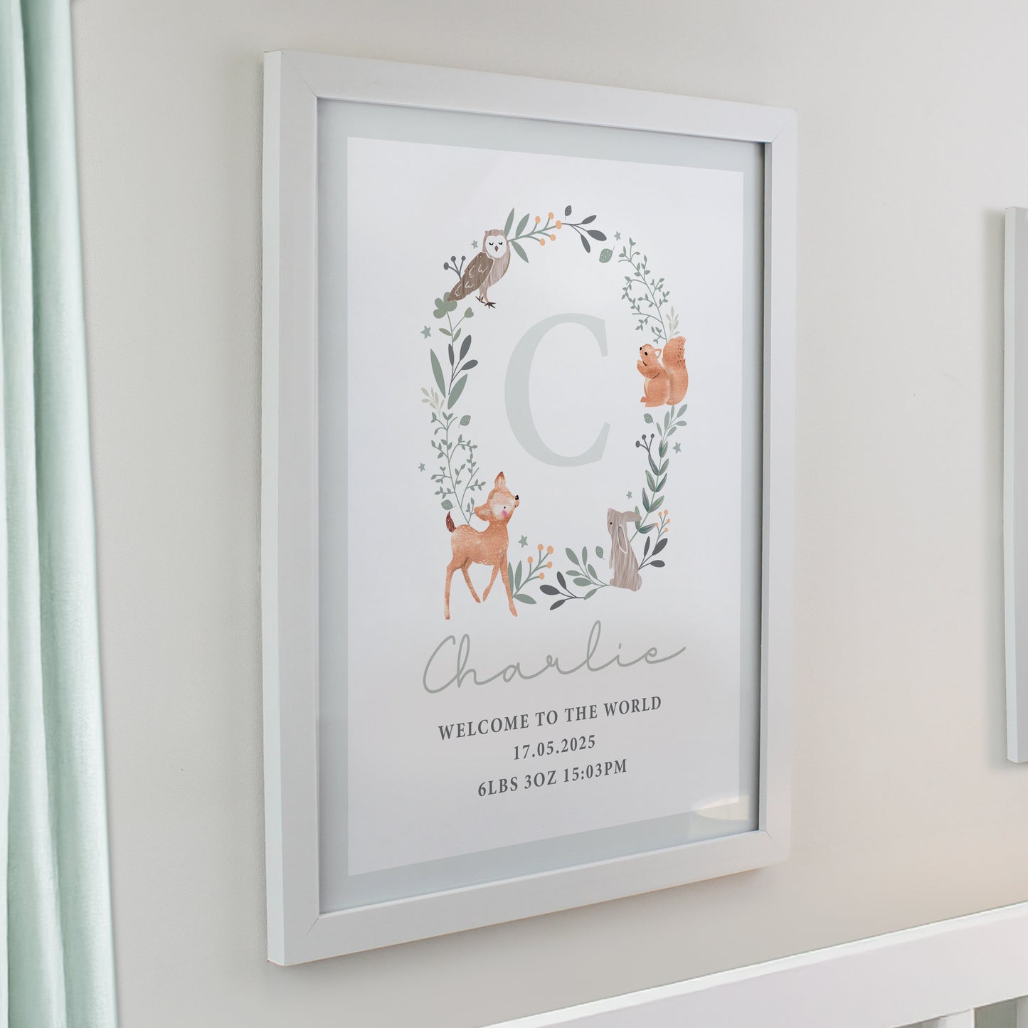 Personalised Woodland Initial White Poster Frame