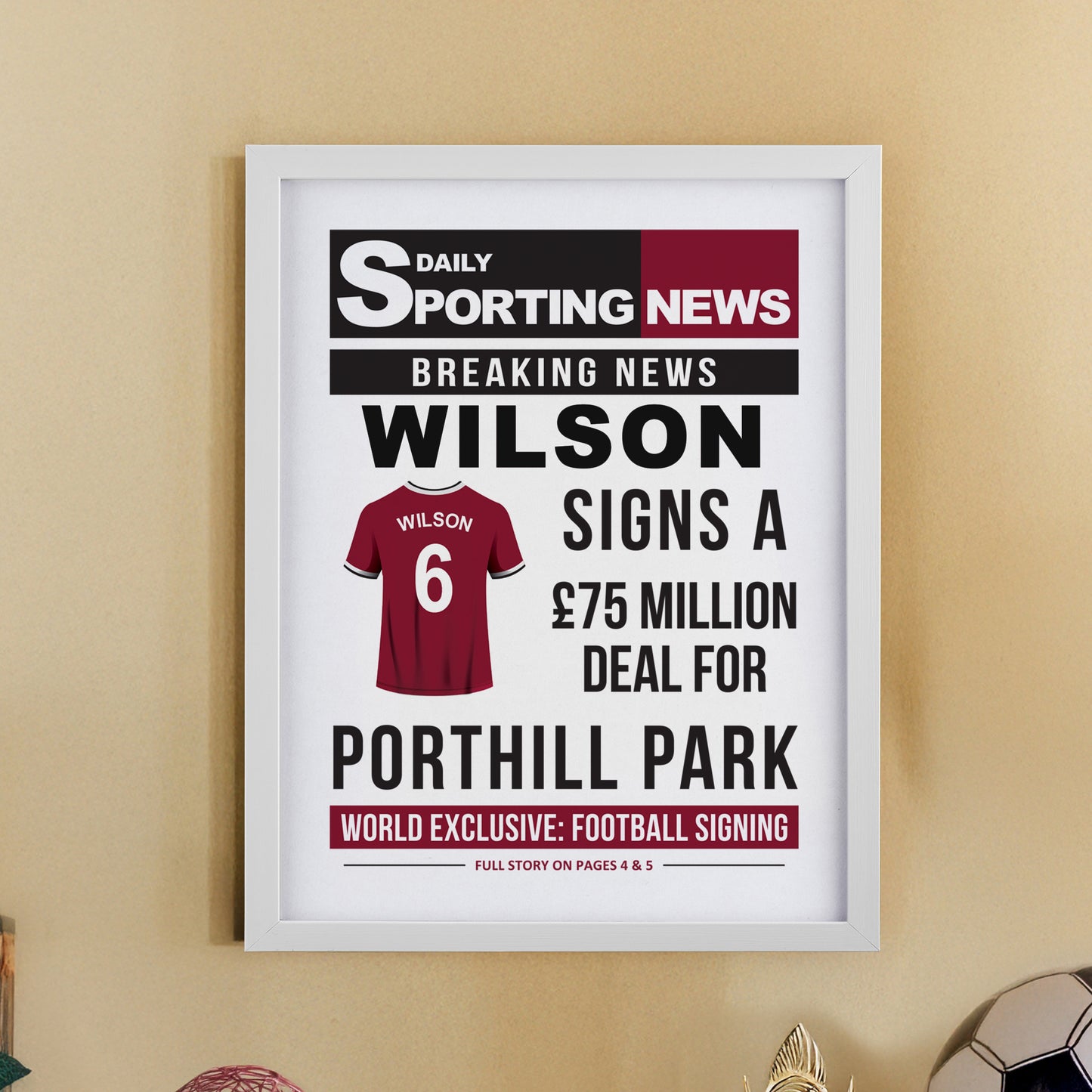 Personalised Football News White Poster Frame