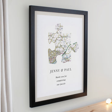 Personalised Present Day Map Puzzle Piece Black Poster Frame