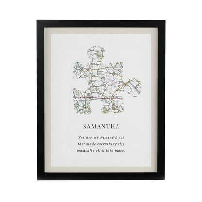 Personalised Present Day Map Puzzle Piece Black Poster Frame