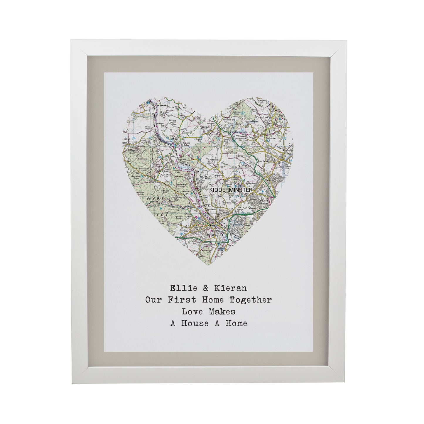 Personalised Present Day Map Heart White Poster Frame
