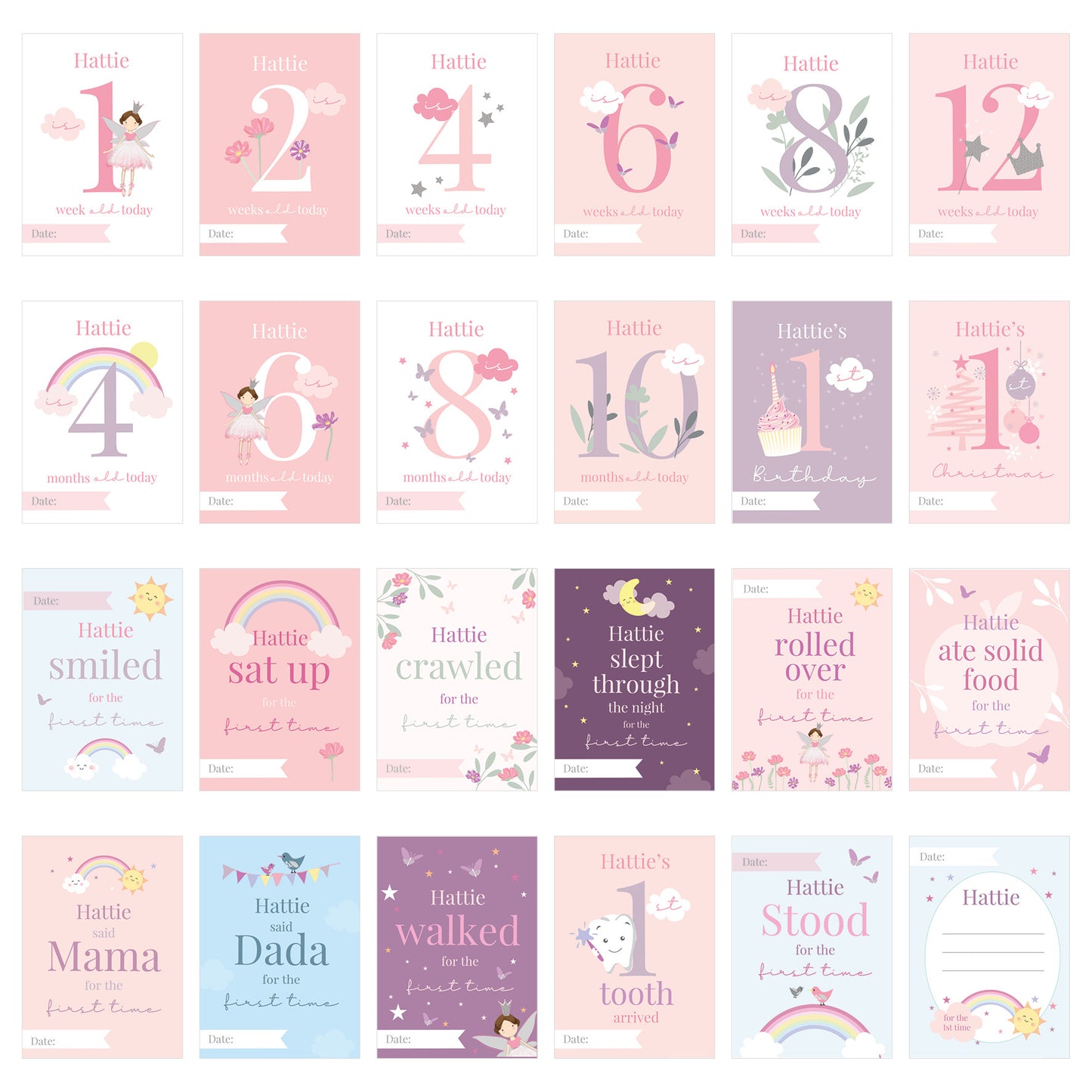 Personalised Fairy Princess Baby Milestone Cards