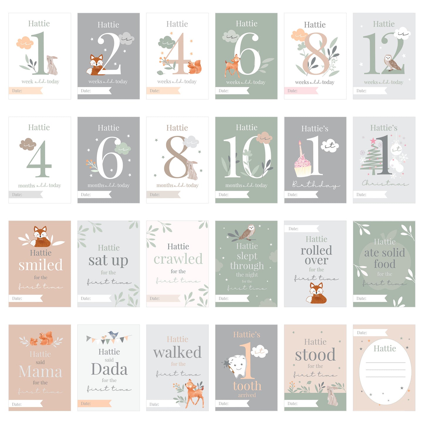 Personalised Woodland Animals Baby Milestone Cards