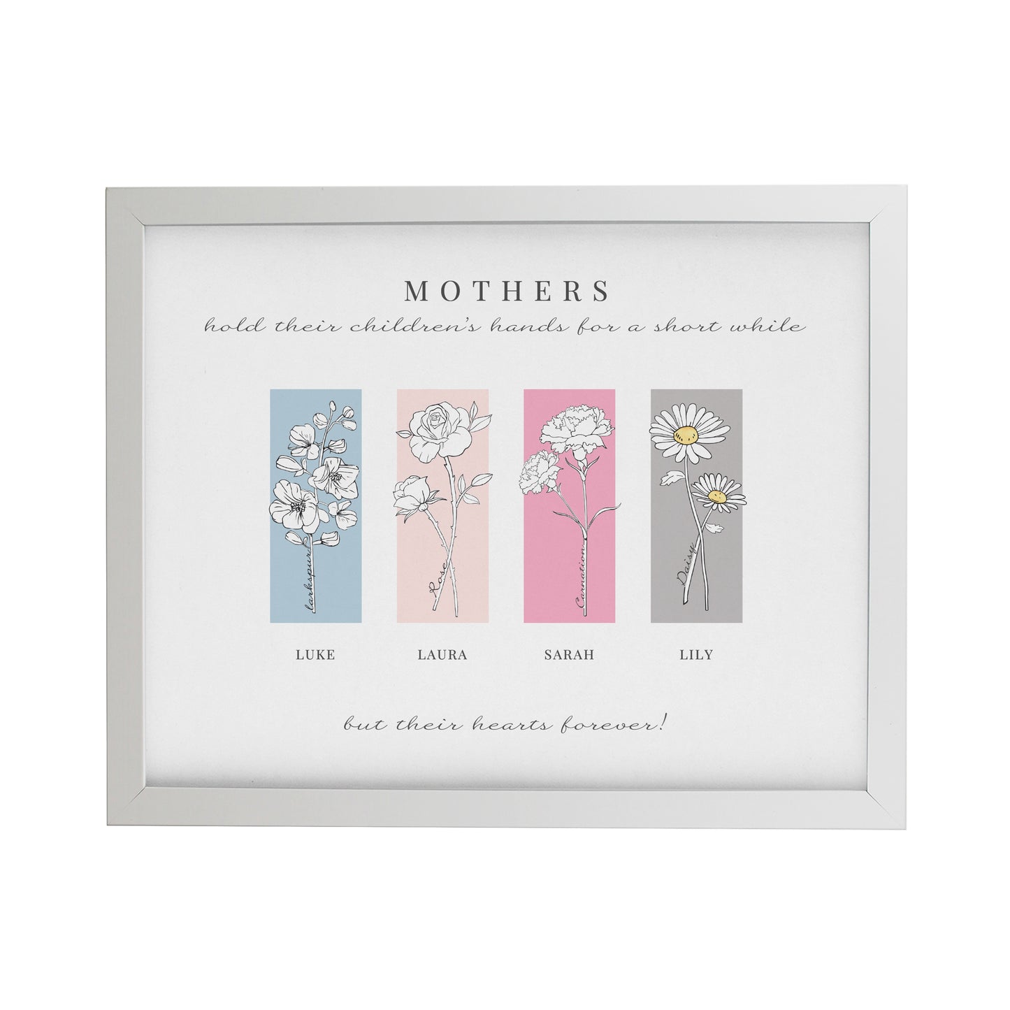 Personalised Birth Flower Family of 4 White Framed Print