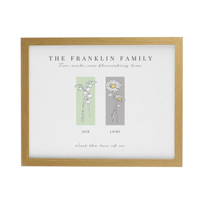 Personalised Birth Flower Family of 2 Oak Framed Print