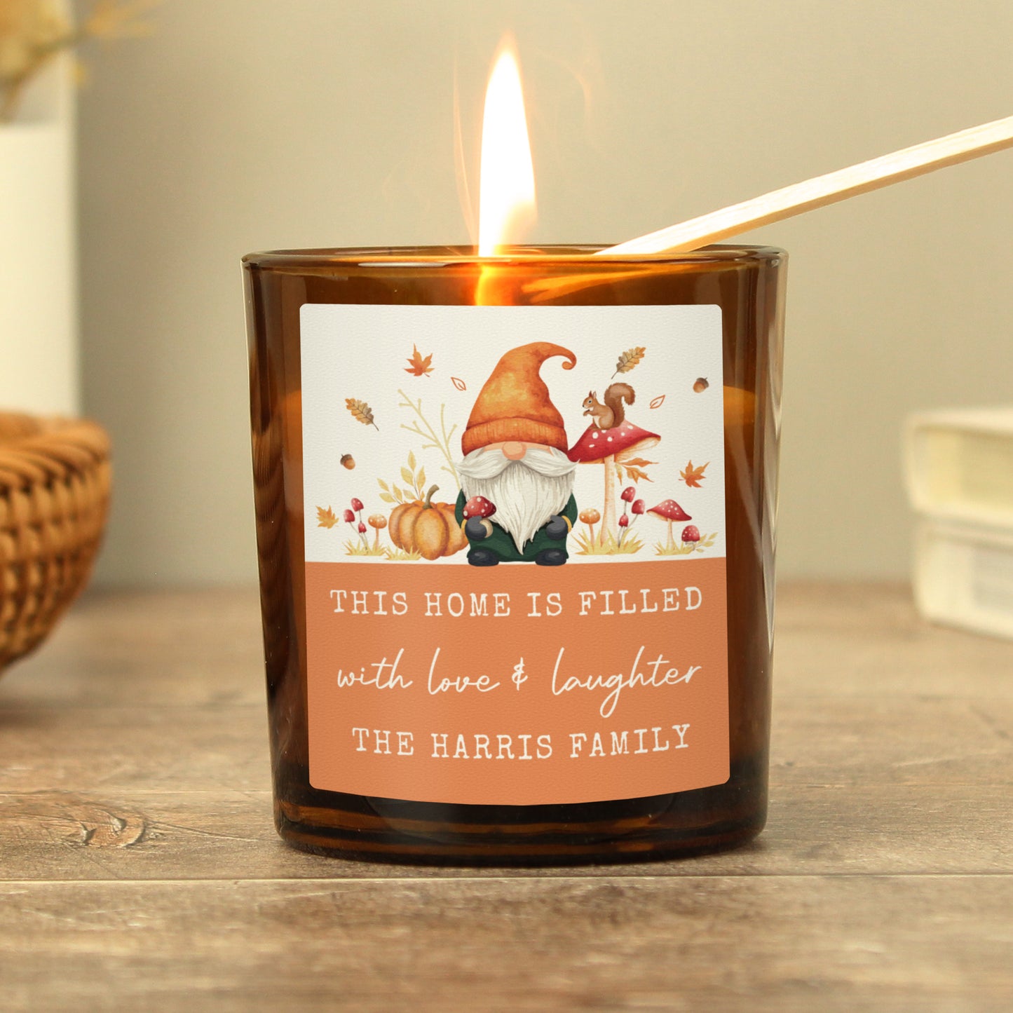 Personalised Autumn Gonk Amber Glass Candle