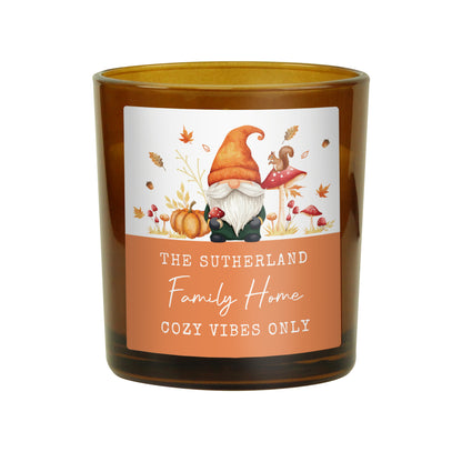 Personalised Autumn Gonk Amber Glass Candle