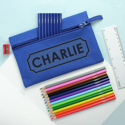 Blue Pencil Case with Personalised Pencils & Crayons