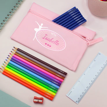 Pink Ballerina Pencil Case with Personalised Pencils & Crayons