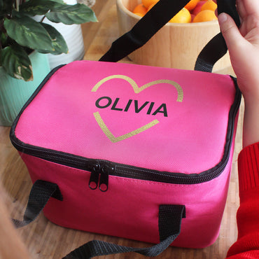 Personalised Gold Heart Pink Lunch Bag
