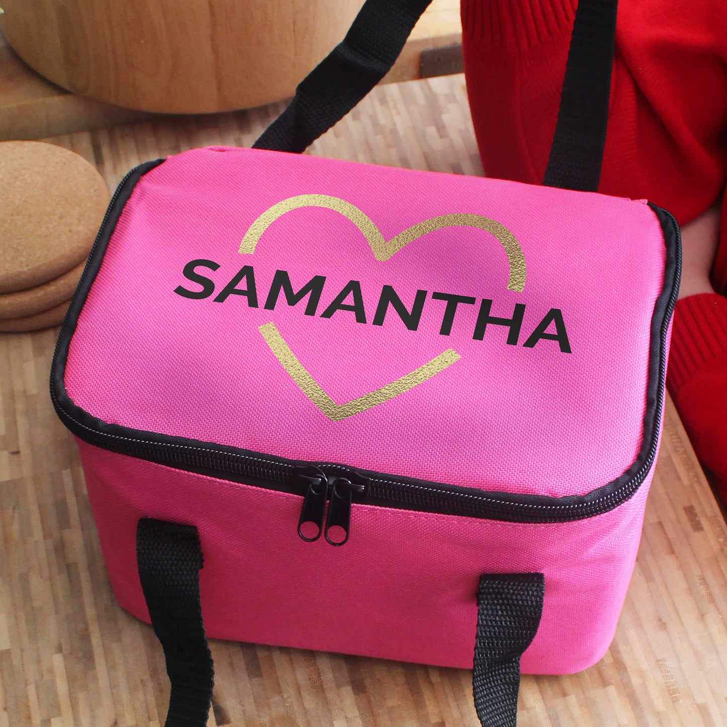 Personalised Gold Heart Pink Lunch Bag