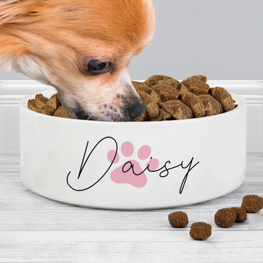 Personalised Pink Paw Print Name 15cm Medium Pet Bowl