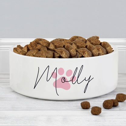 Personalised Pink Paw Print Name 15cm Medium Pet Bowl