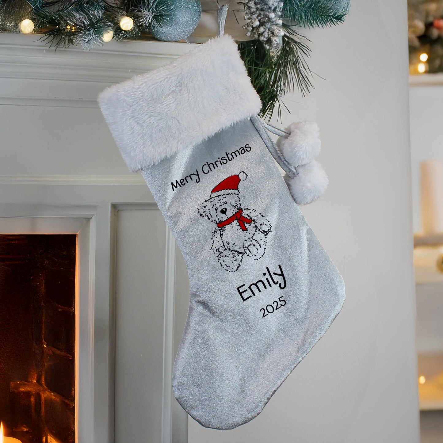 Personalised Christmas Teddy Silver Grey Stocking