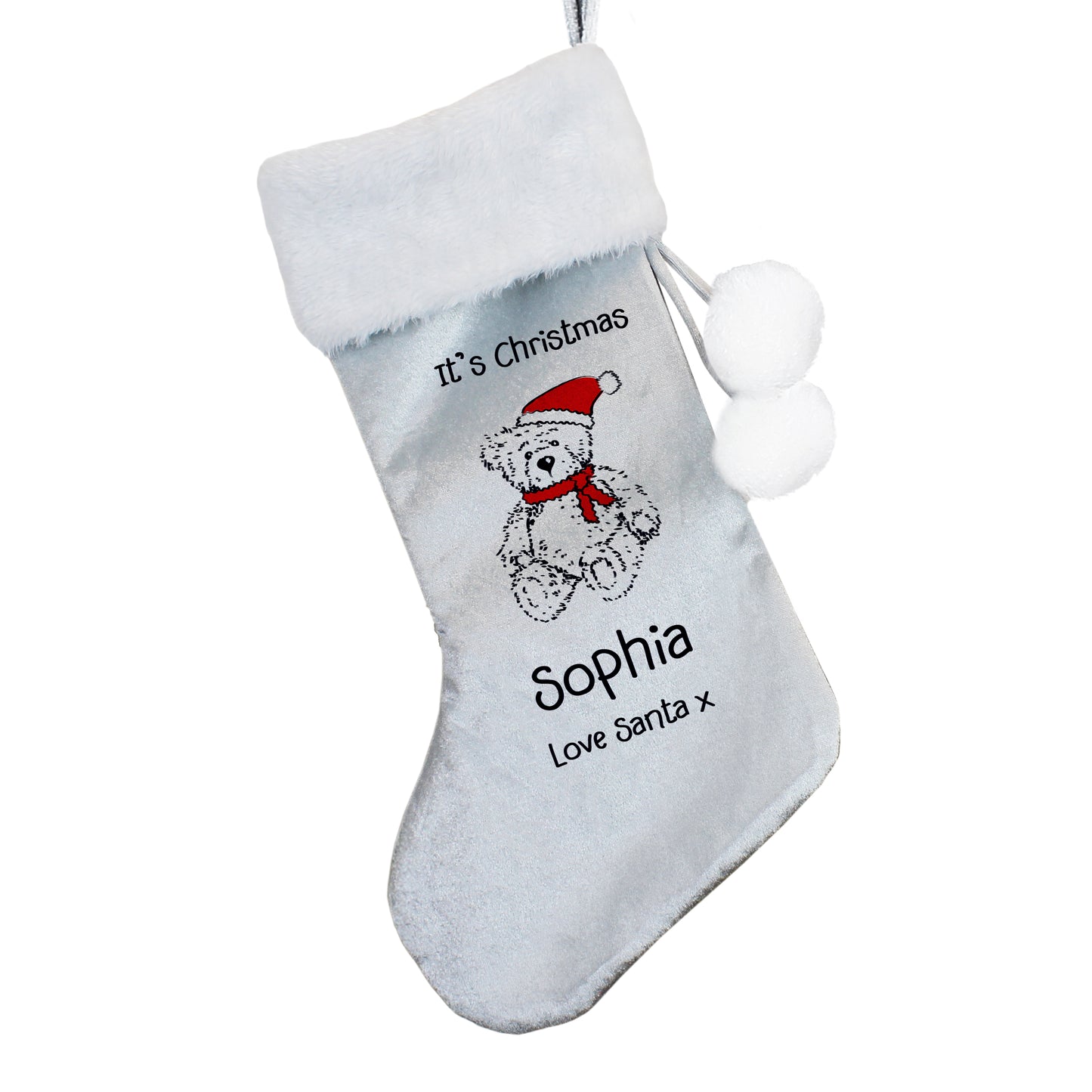 Personalised Christmas Teddy Silver Grey Stocking