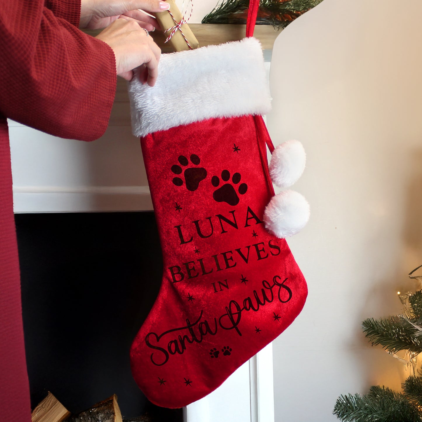 Personalised Santa Paws Christmas Red Stocking