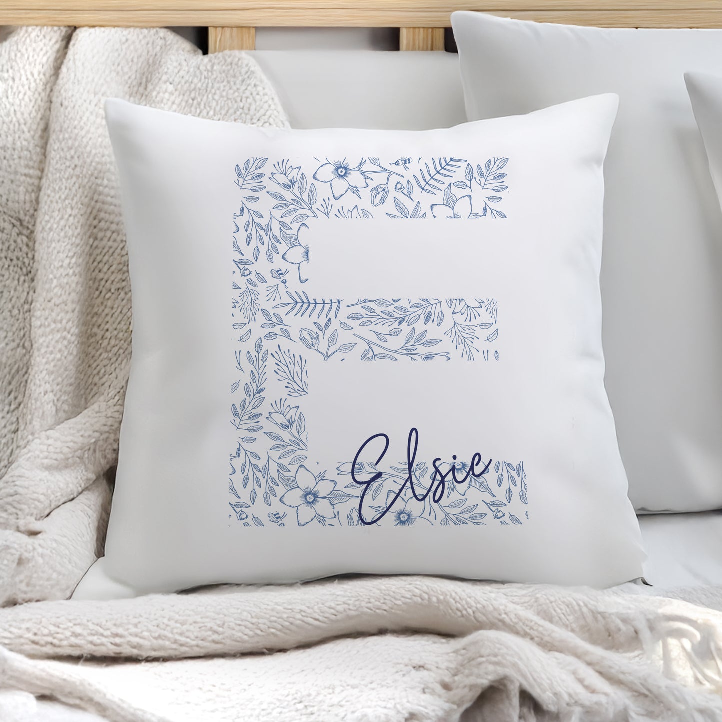 Personalised Floral Blue Initial Cushion