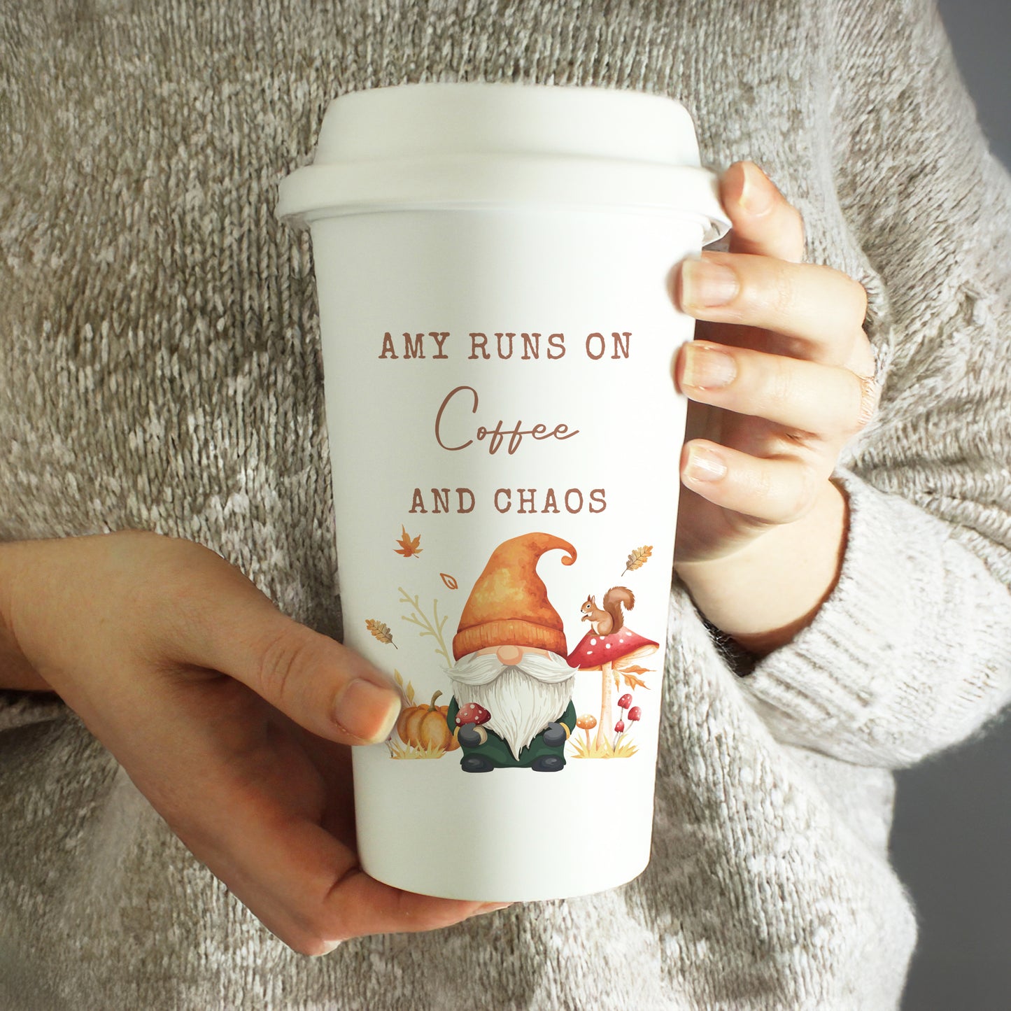 Personalised Autumn Gonk Travel Cup