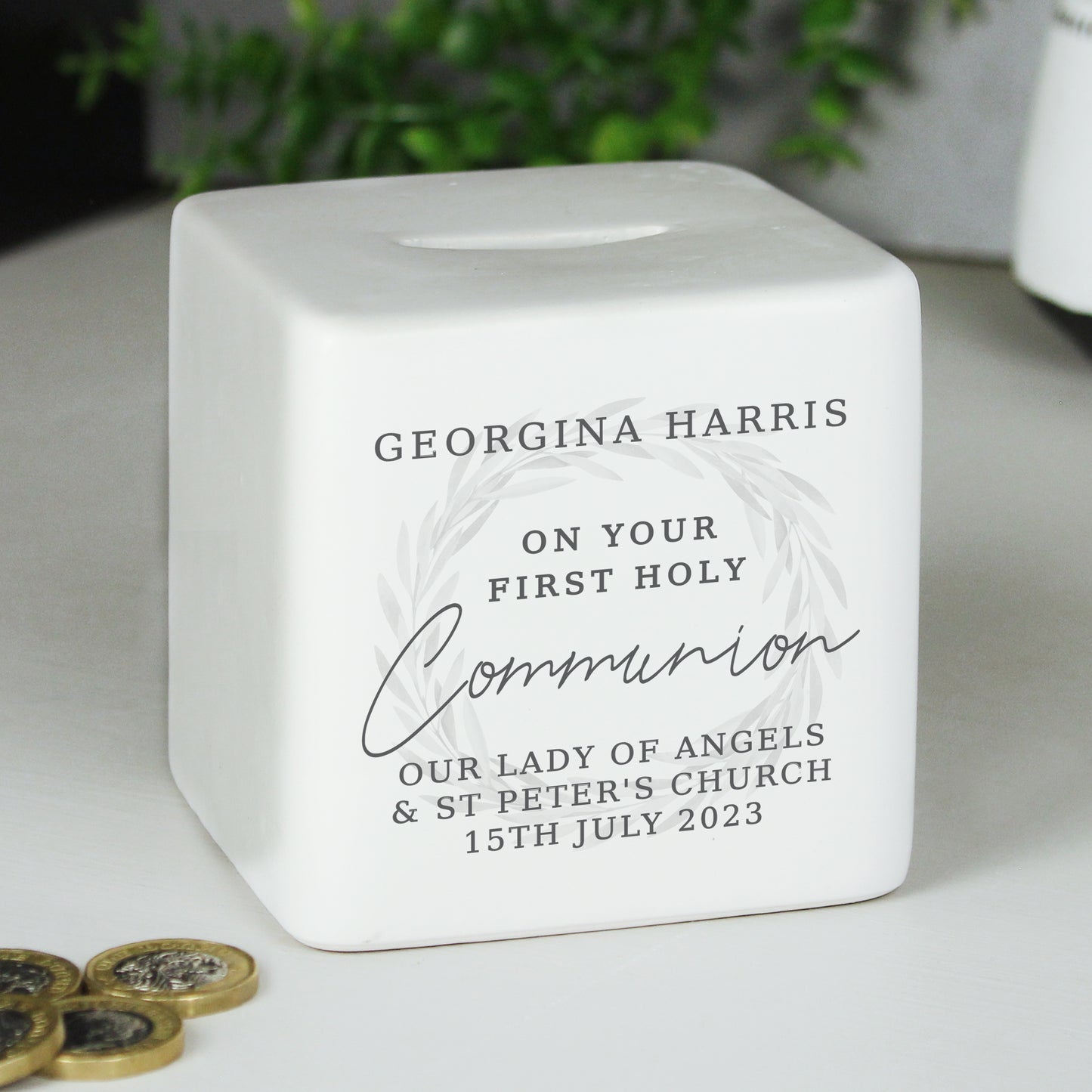 Personalised First Holy Communion Wreath Ceramic Square Money Box