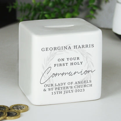 Personalised First Holy Communion Wreath Ceramic Square Money Box