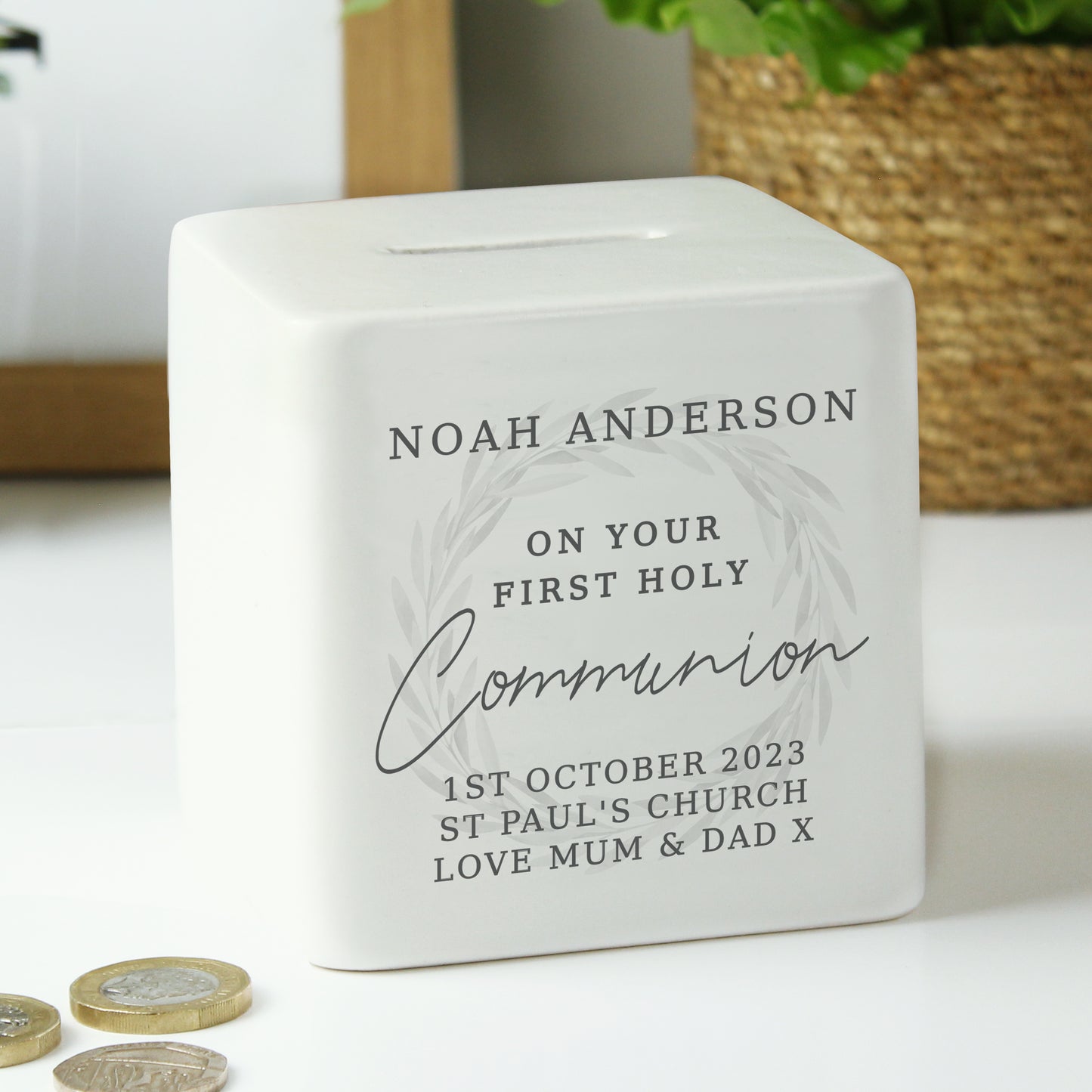 Personalised First Holy Communion Wreath Ceramic Square Money Box